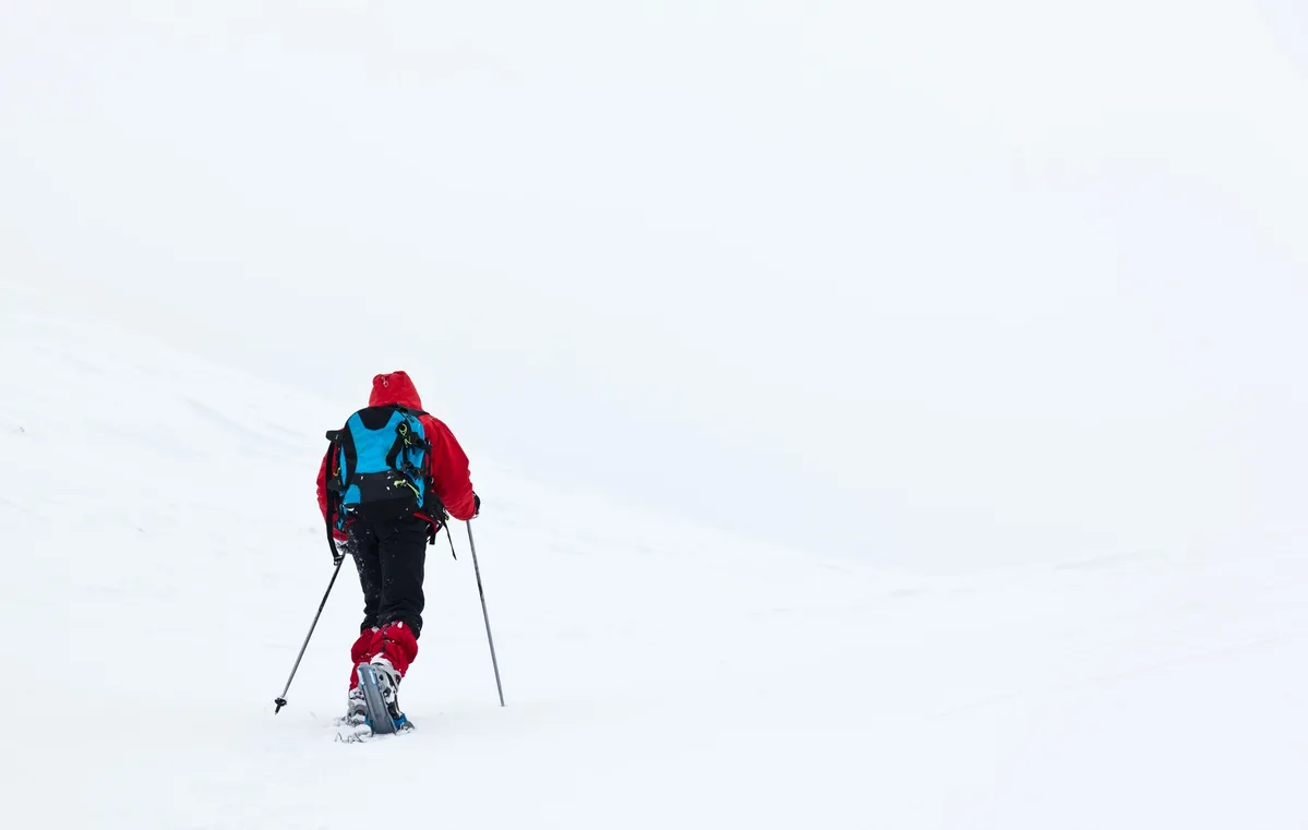 Boy hikes in mountain with snowshoe