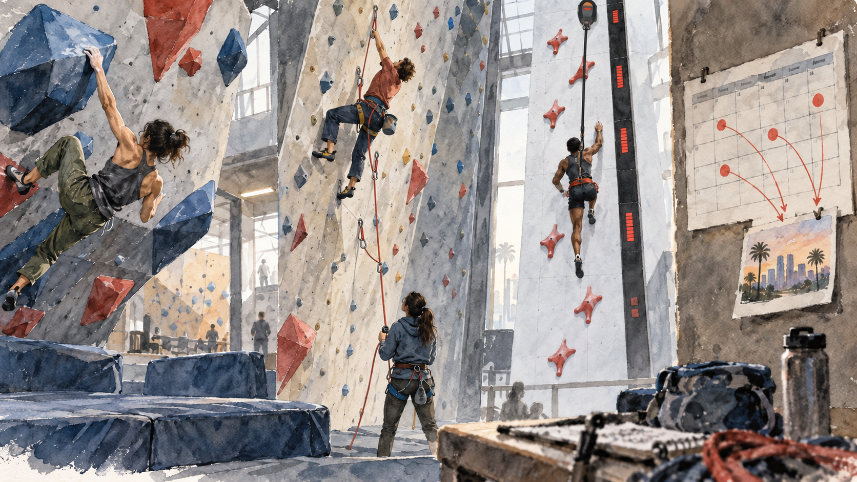 Ilustración en acuarela de un gimnasio con una atleta de boulder, una escaladora de dificultad asegurada y un velocista unido al autoasegurador, junto a un calendario con fechas marcadas.