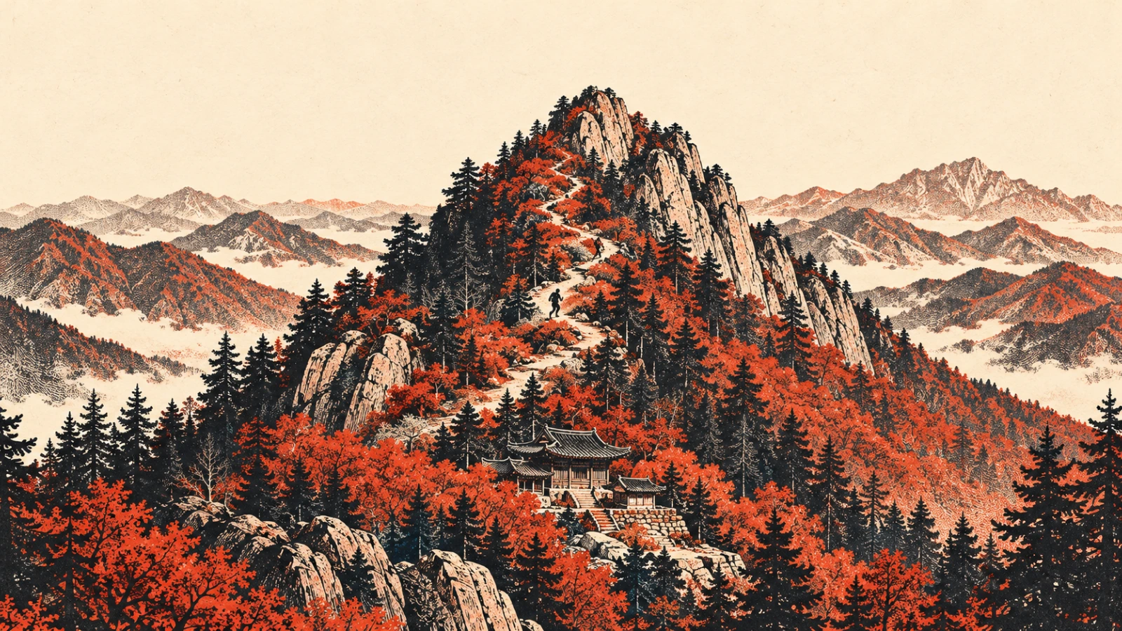 Ilustración editorial de un sendero de montaña entre árboles de otoño, dos corredores pequeños, un templo y cumbres rocosas.