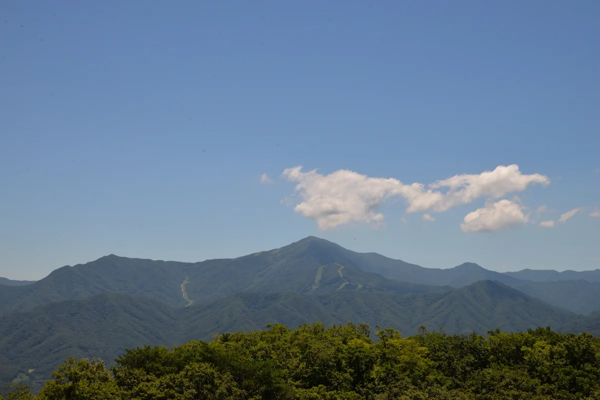 Panorámica de Deogyusan desde Jeoksangsan en verano, con laderas boscosas y pistas claras bajo el cielo azul.