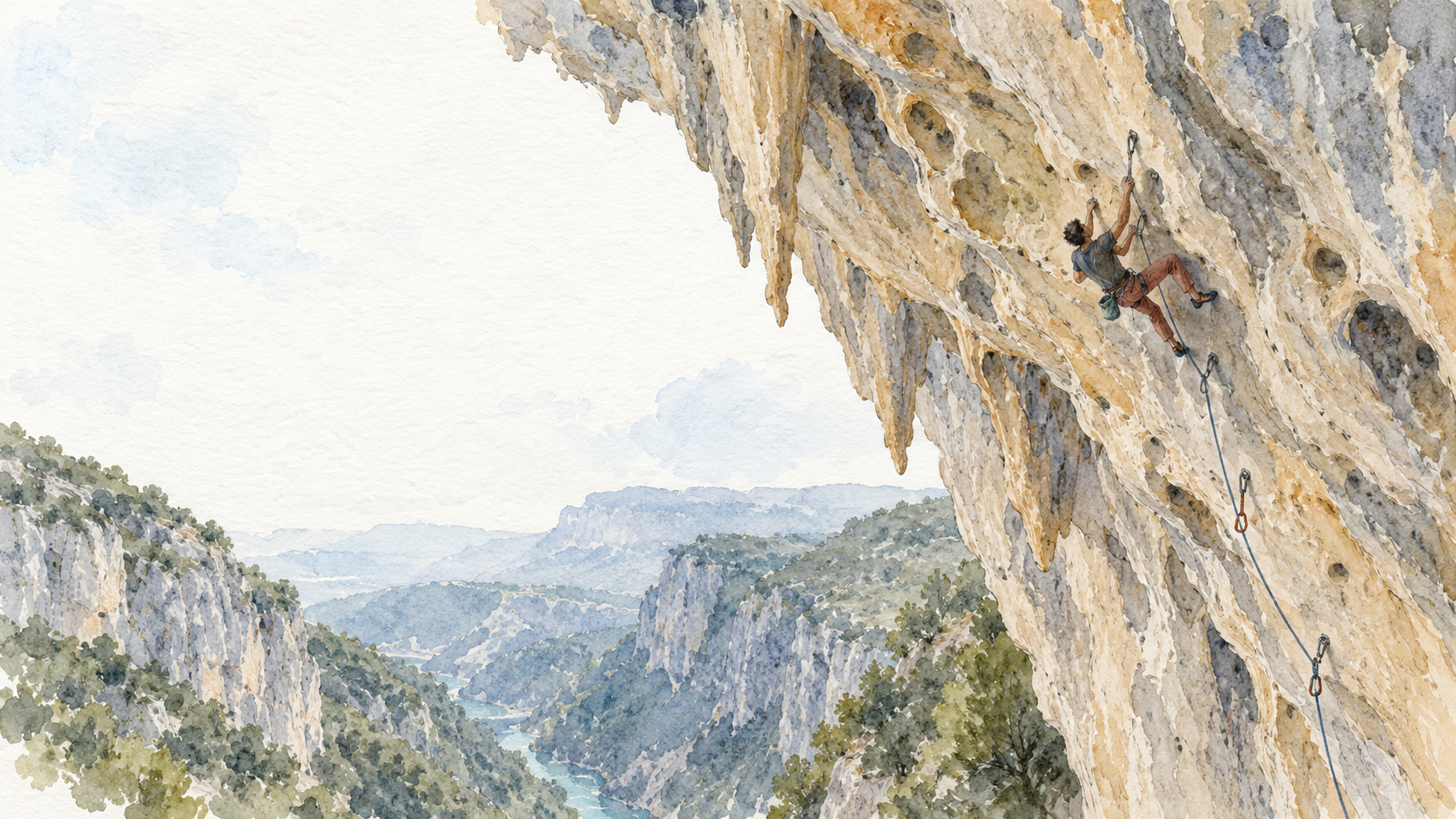 Ilustración en acuarela de una persona escalando una pared desplomada sobre un paisaje de gargantas; escena interpretativa, no registro del ascenso de DNA.