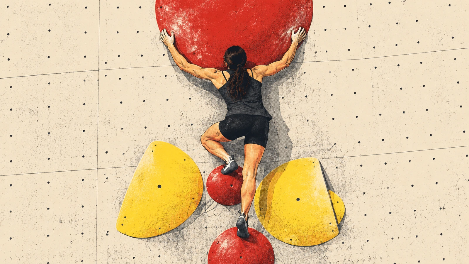 Ilustración de una escaladora de espaldas en un muro de bloque, junto a un gran volumen circular rojo y presas amarillas.