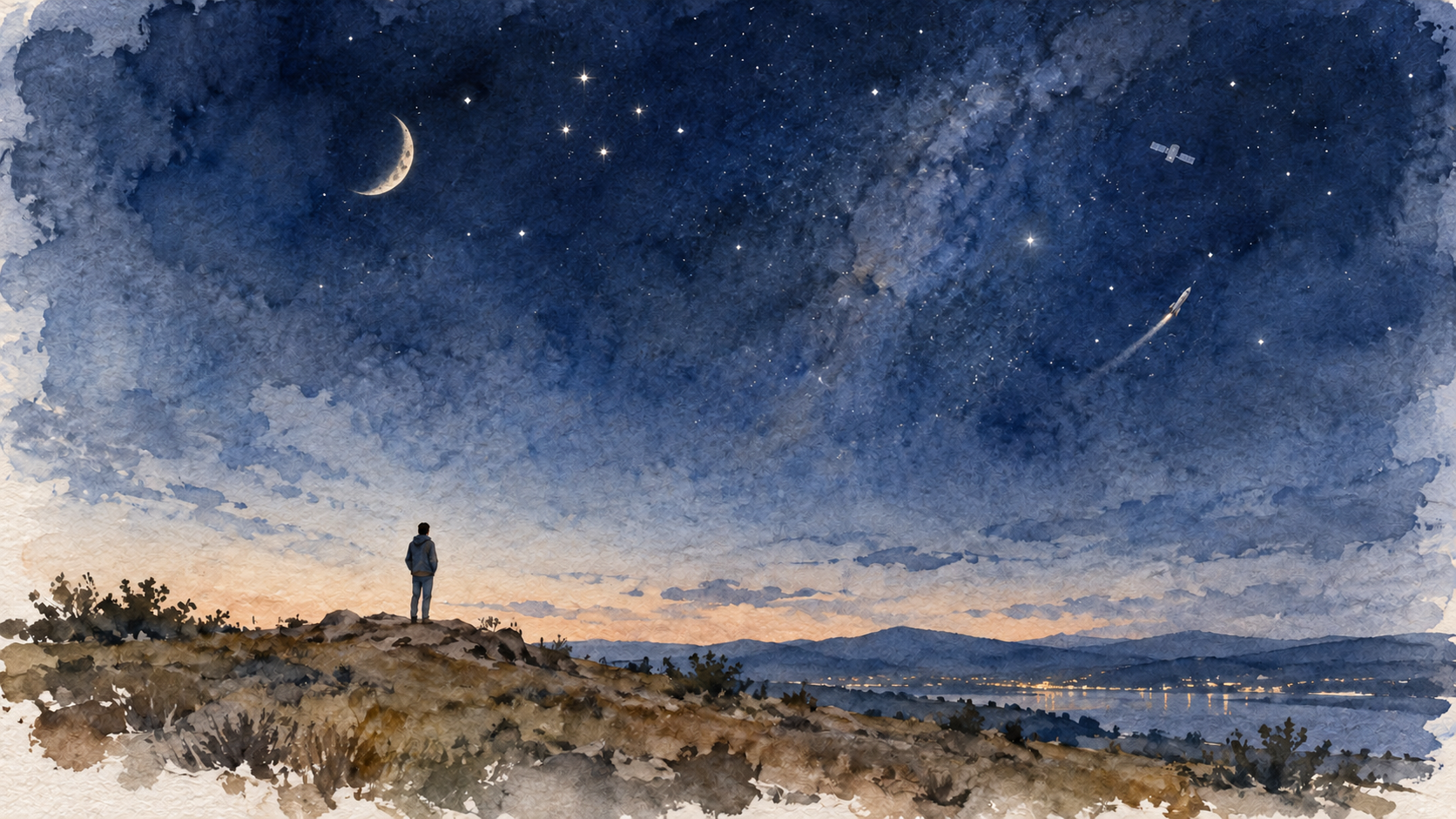 Acuarela de una persona sobre una loma bajo un cielo nocturno con Luna creciente, estrellas, un satélite y una estela de lanzamiento distante.
